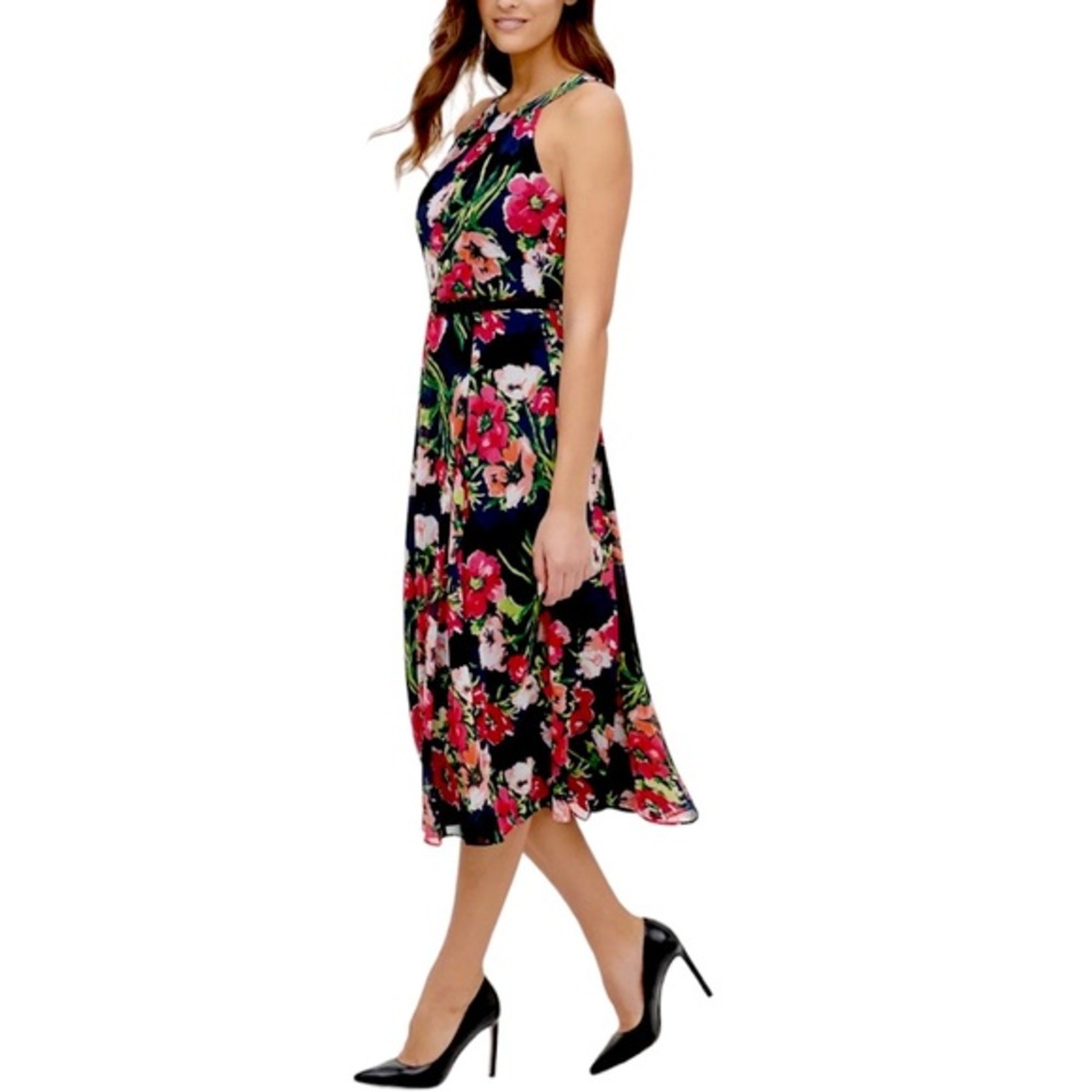 Tommy Hilfiger Belted Floral-Print Chiffon Halter Dress